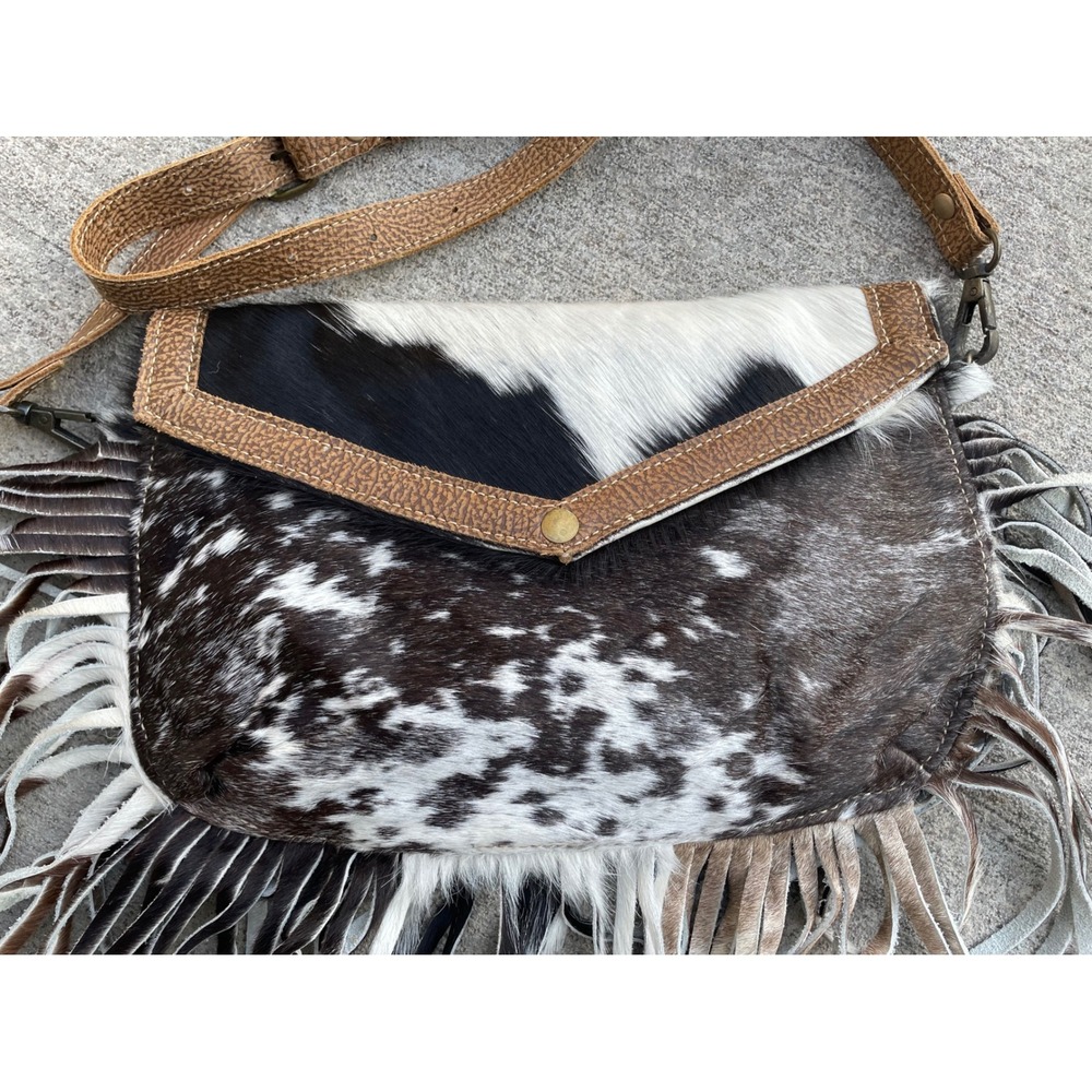 Myra Bag Cowhide Fringe Crossbody Bag Black White Brown Leather Western Boho - Picture 2 of 9